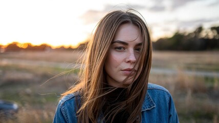 Pensive Young Woman in a Field at Sunset