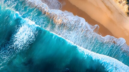 High-angle view of turquoise ocean waves meeting a sandy beach.