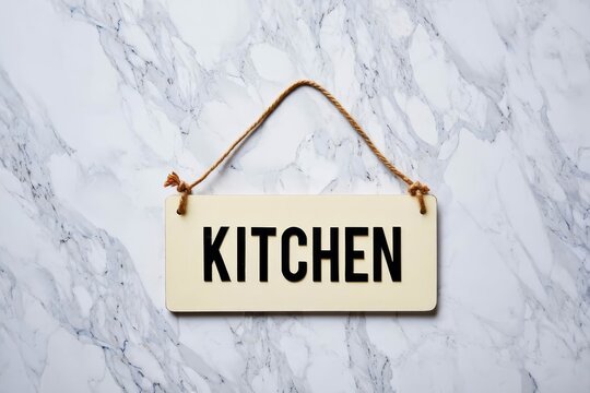 A rectangular sign reading KITCHEN hangs by a twine set against a marble background.