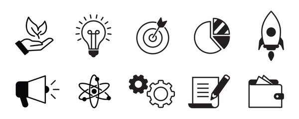 Startup line icons. Launch Project, Business report, Target icons. Strategy, Development plan, Startup space rocket. Out of the Box strategy and Business innovation report. Vector