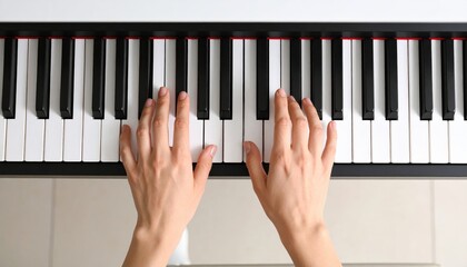 Overhead view of hands playing a white and black piano keyboard