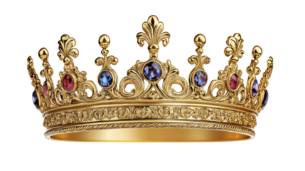 Elegant Queen's Gold Crown with Ornate Design and Gemstones on Transparent Background

