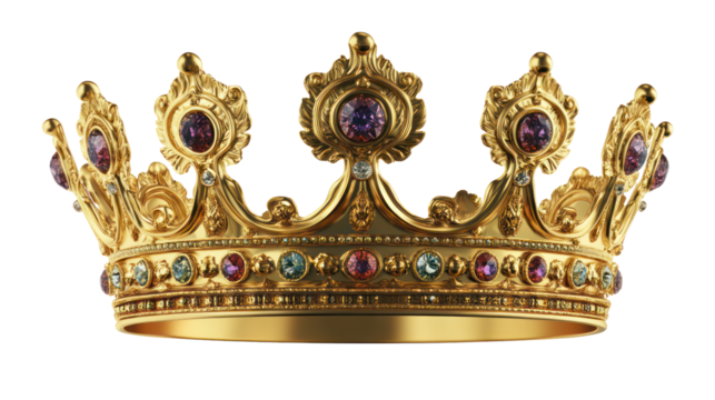 Elegant Queen's Gold Crown with Ornate Design and Gemstones on Transparent Background

