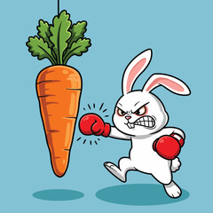 Aggressive cartoon rabbit wearing boxing gloves punches a large hanging carrot with determination vector illustration