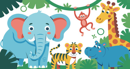 Cute Jungle Animals Illustration Elephant, Tiger, Monkey, Giraffe, and Hippo
