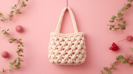 Knitted handbag displayed on a pink background.