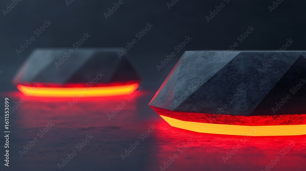 Poster two futuristic, angular devices emit a glowing red light while floating above a dark, reflective sur