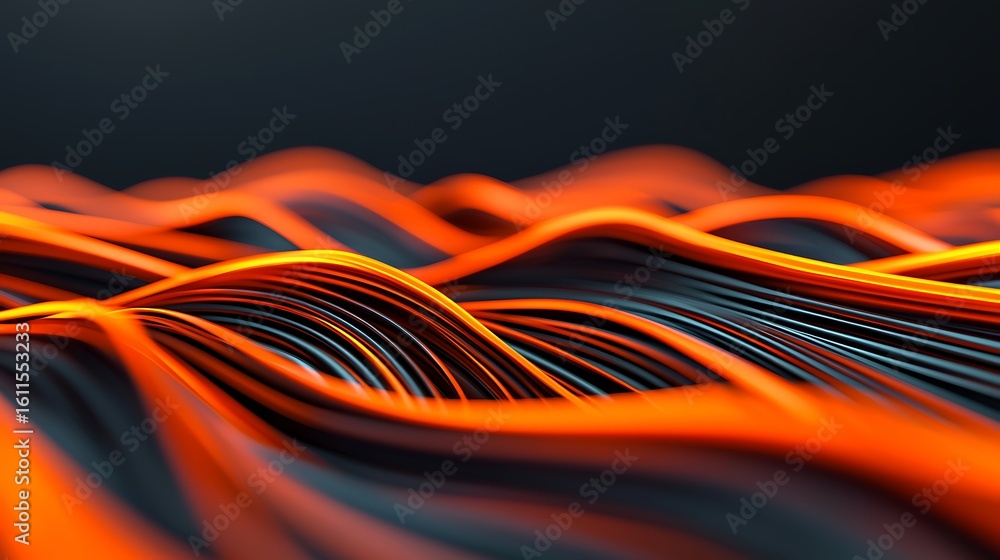 Poster abstract digital waves in vibrant orange and black hues create a dynamic, flowing pattern resembling