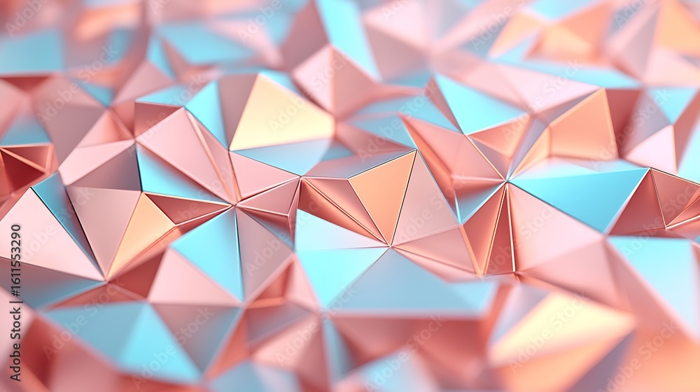 Poster abstract 3d geometric pattern featuring reflective, metallic triangular shapes in soft blue and rose
