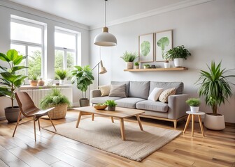 Fototapeta premium A bright and modern living room with plants and neutral tones