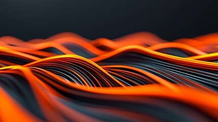 Abstract digital waves in vibrant orange and black hues create a dynamic, flowing pattern resembling light trails or futuristic energy flows.