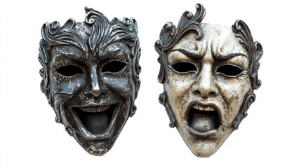A gothic style image of a theater mask with a smiling face and a frowning face crying and sad. Isolated on pure white background. 3d illustration.