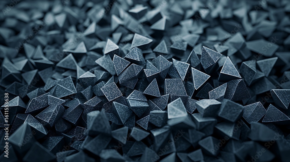 Poster a close-up of numerous textured black pyramids densely packed, creating a geometric, abstract, and m