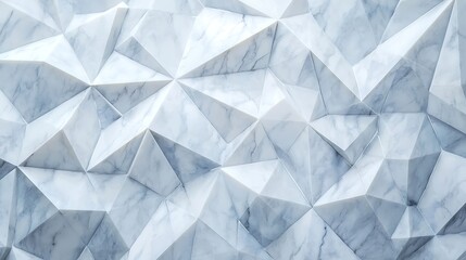 Abstract geometric marble wall with a pattern of triangular facets creating a 3D textured surface in shades of white and gray.