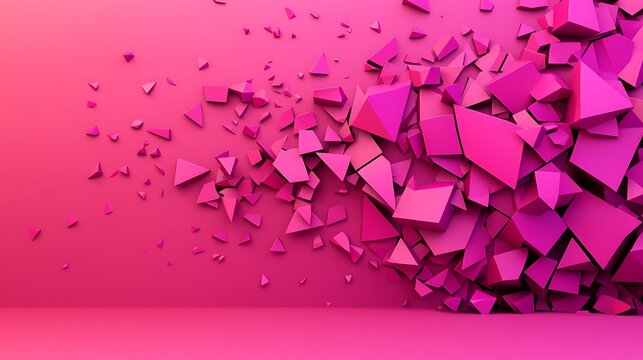 Pink 3D shattered geometric shapes explode against a pink background, creating a dynamic abstract visual effect.