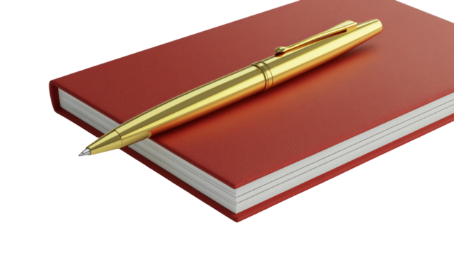 Gold Ballpoint Pen on Red Notebook Perfectly Set on White Background – High-Resolution PNG