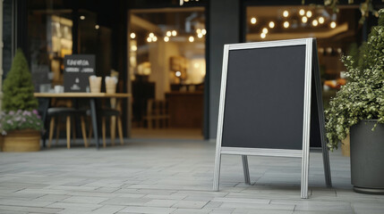 A frame sidewalk sign placed in front of a store, silver metal frame and a black chalkboard surface, with The store entrance and modern storefront design. 3d illustration.