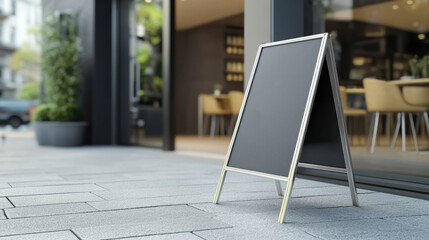 A frame sidewalk sign placed in front of a store, silver metal frame and a black chalkboard surface, with The store entrance and modern storefront design. 3d illustration.