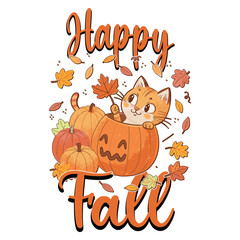 Happy Fall - Cute funny Autumn Typography T-Shirt Design with Pumpkin, Leaves, and Cozy Vibes - Vector Illustration