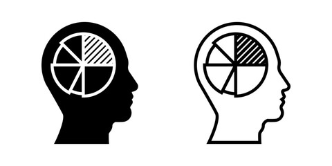 Mind icon set. Minimalist Black and White Line Art Human Head with Pie Chart Inside