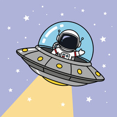 Cute cartoon astronaut waves from inside a flying saucer ufo in outer space vector illustration
