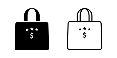 Shopping Bag icon set. Simple Line Art Shopping Bag with Dollar Sign and Stars Icon Illustration