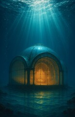 Glass Dome Opera House on Ocean Floor with Sunlight Beams and Glowing Interior