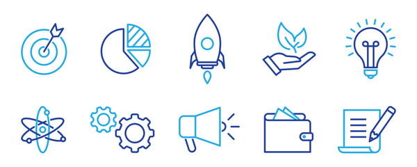 Startup line icons. Launch Project, Business report, Target icons. Strategy, Development plan, Startup space rocket. Out of the Box strategy and Business innovation report. Vector