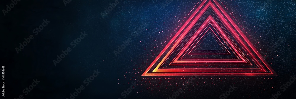 Poster a glowing neon red triangular shape with layered geometric lines against a dark textured background,