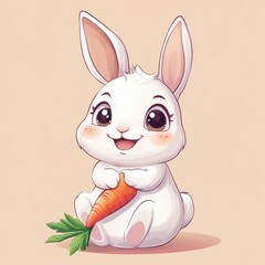 Fototapeta premium Cute Cartoon Bunny Holding a Carrot with Big Happy Eyes