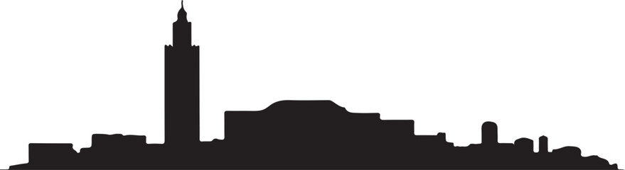 Black vector silhouette of Rabat skyline, includes Hassan Tower, Kasbah of the Udayas, Moroccan capital skyline in black on white