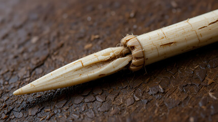 Close-up view of a primitive needle made from sharpened bone, used for stitching animal hides, detailed craftsmanship