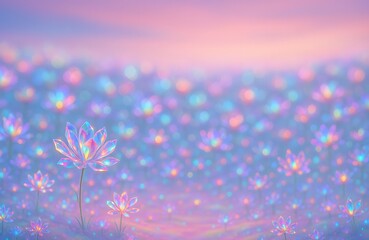 Crystal Flower Field at Twilight with Holographic Petals and Pastel Sky, Prism Bloom Landscape