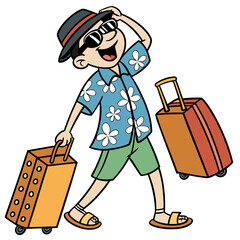 Playful Tourist Cartoon Character with Suitcases – Transparent Travel Illustration for Stickers & Banners