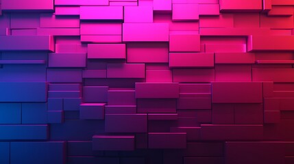 Abstract geometric wall with 3D rectangular blocks in gradient shades of pink, purple, and blue, creating a modern and futuristic visual effect.