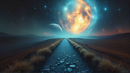 Surreal digital artwork of a dramatic cosmic path winding through glowing nebulas and celestial space, creating a dreamlike fantasy scene.