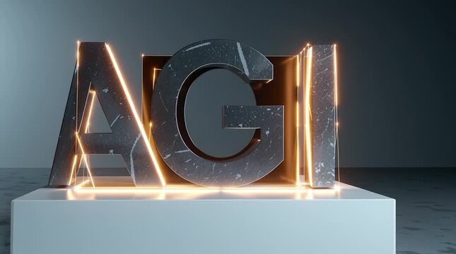 AGI. Artificial General Intelligence. Large metallic letters forming "AGI" stand on a pedestal, accented by glowing lines and a dark futuristic background.