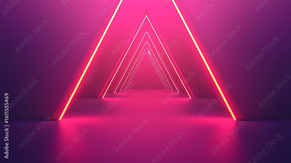 Poster a futuristic, glowing tunnel with neon pink triangular frames creating a symmetrical, infinite persp