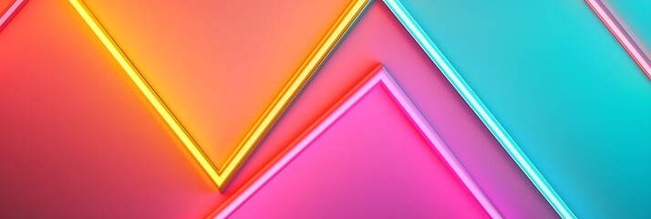 Abstract neon light shapes in pink, yellow, and blue hues create a vibrant, modern geometric design on a smooth background.