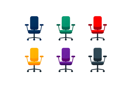 Six office chairs in various colors isolated on a transparent background furniture seating png file 