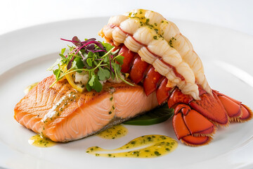 Gourmet Salmon Fillet and Lobster Tail Duo with Lemon Herb Butter Sauce