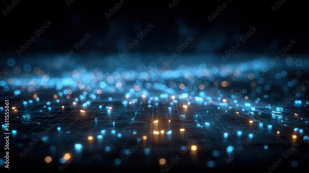 Poster a futuristic digital grid with glowing blue and orange nodes representing data points or network con
