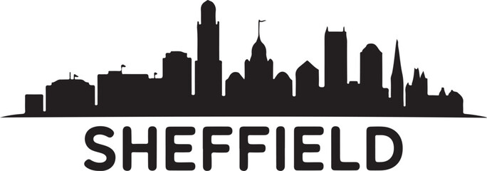 Fototapeta premium Black vector silhouette of Sheffield skyline, includes university buildings, hillside skyline, and a clean Yorkshire cityscape on white