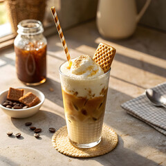 Vanilla cream cold brew with light foam, garnished with a hint of vanilla bean.