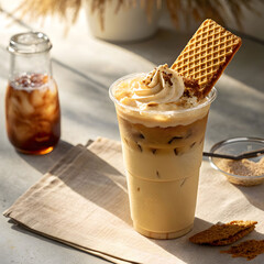 Vanilla cream cold brew with light foam, garnished with a hint of vanilla bean.