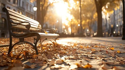 An empty bench bathed in the golden glow of sunlight during the fall season, a serene public space, inviting contemplation and rest. 