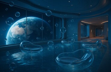Zero Gravity Pool Lounge with Transparent Chairs and Floating Water Spheres Overlooking Earth from Space Station