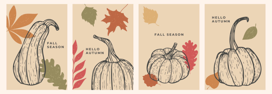 Vintage fall greeting cards with pumpkins and autumn leaves in hand drawn style