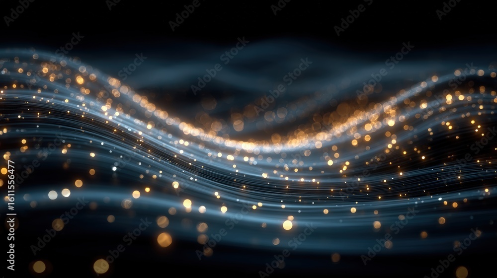 Poster glowing golden particles flow smoothly in wavy streams against a dark background, creating a dynamic