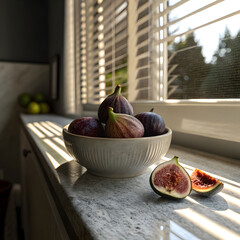 Close-up of figs in a ceramic bowl on a counter by a sunlit window.